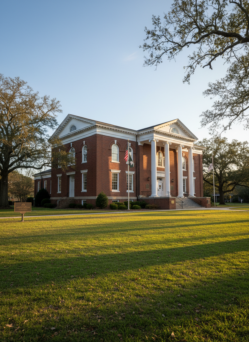A stately red-brick South Carolina courthouse from the late 19th century, its white-columned portico and arched windows meticulously preserved, stands at the center of the scene. The building rises from a well-kept lawn with mature oaks framing the edges, their branches just entering the top of the frame. Soft golden hour sunlight washes across the façade, accentuating the brick texture and crisp white trim, while long shadows stretch across the grass. Captured at eye level in photographic realism with a slightly wide lens, the composition follows the rule of thirds, giving breathing room to the sky. The mood is dignified and professional, evoking civic history and careful preservation, with sharp focus throughout and a clean, documentary aesthetic suitable for a heritage nonprofit homepage.