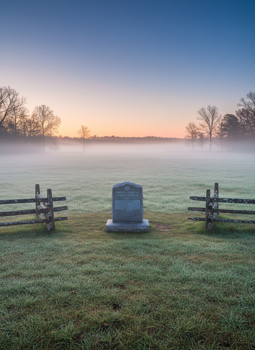 A preserved South Carolina Revolutionary War battlefield at dawn, with low, misty fog hugging a wide, open field flanked by sparse tree lines. Simple split-rail fences run diagonally from the foreground, guiding the eye toward a small, well-maintained stone monument at mid-distance. The first pale rays of morning light filter through the haze, producing a soft, ethereal glow and long, delicate shadows across the dew-covered grass. Photographic realism captures every blade of grass and the rough texture of the monument’s engraved face, while the sky transitions from cool blue to warm pink near the horizon. Shot from a low, slightly wide-angle perspective, the composition feels expansive yet solemn, conveying reflection, remembrance, and the importance of protecting hallowed ground.
